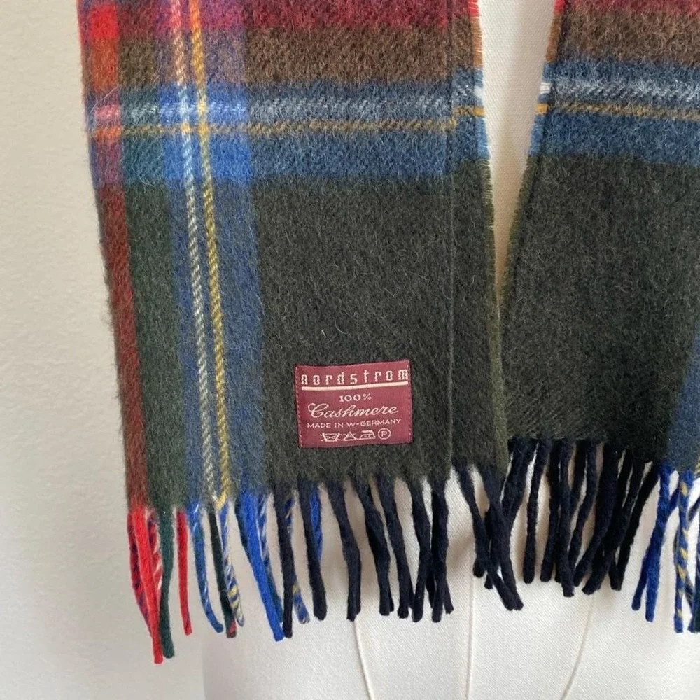 Vintage Nordstrom Cashmere Green and Red Fringe Plaid Scarf Made in Germany